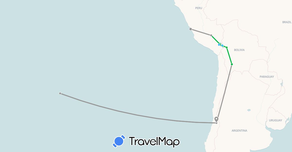 TravelMap itinerary: driving, bus, plane, boat in Bolivia, Chile, Peru (South America)